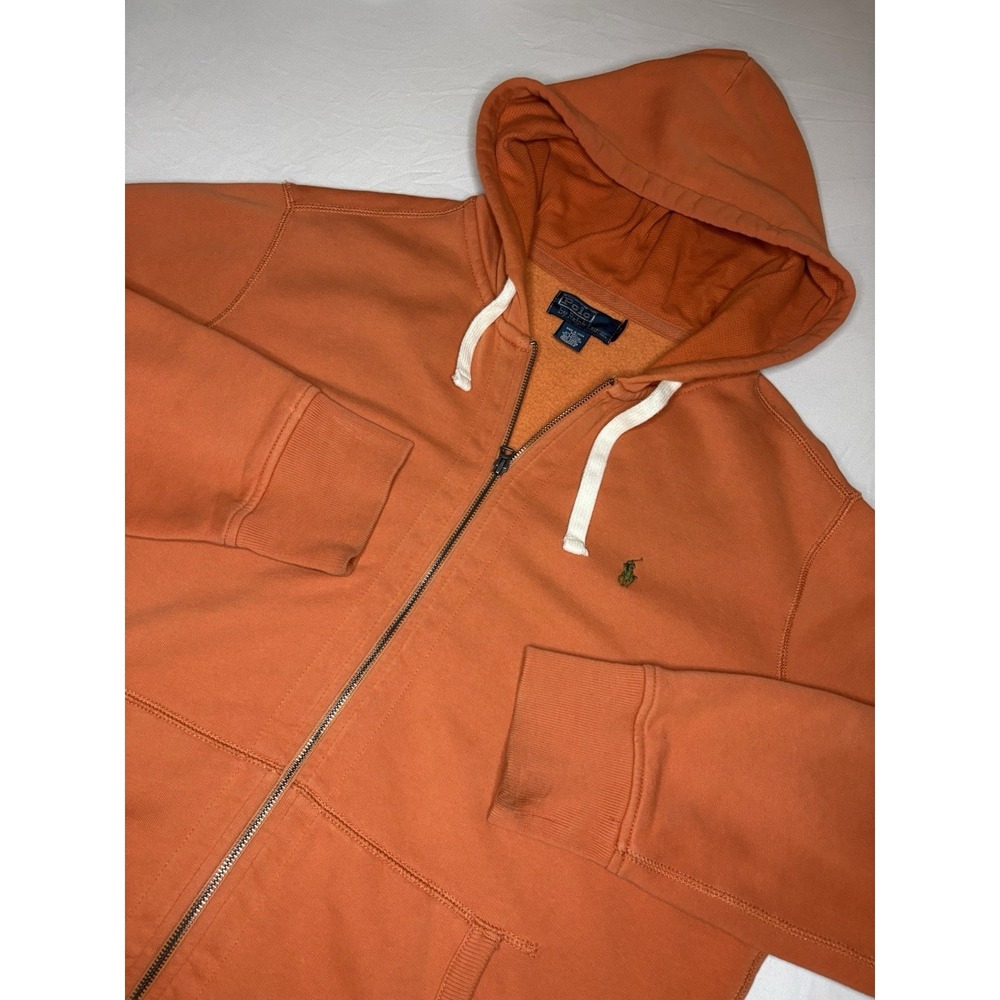 Vintage Polo Ralph Lauren Full Zip Hoodie Orange Fleece Lined Waffle Hood XL
